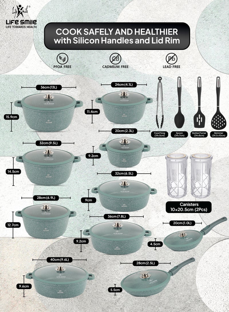 Life Smile 42pcs Nonstick Granite Cookware Set – Premium Non Stick Cookwares, Kitchen Cooking Pots, Soup Pots & Casseroles | Induction Base Pots & Pans Cookware Set | Includes Casseroles (20/24/28/32/36cm), Shallow Pots (32/36/40cm), Fry Pans (20/28cm) with Lids, Canisters & Silicone Kitchen Tools - Image 4