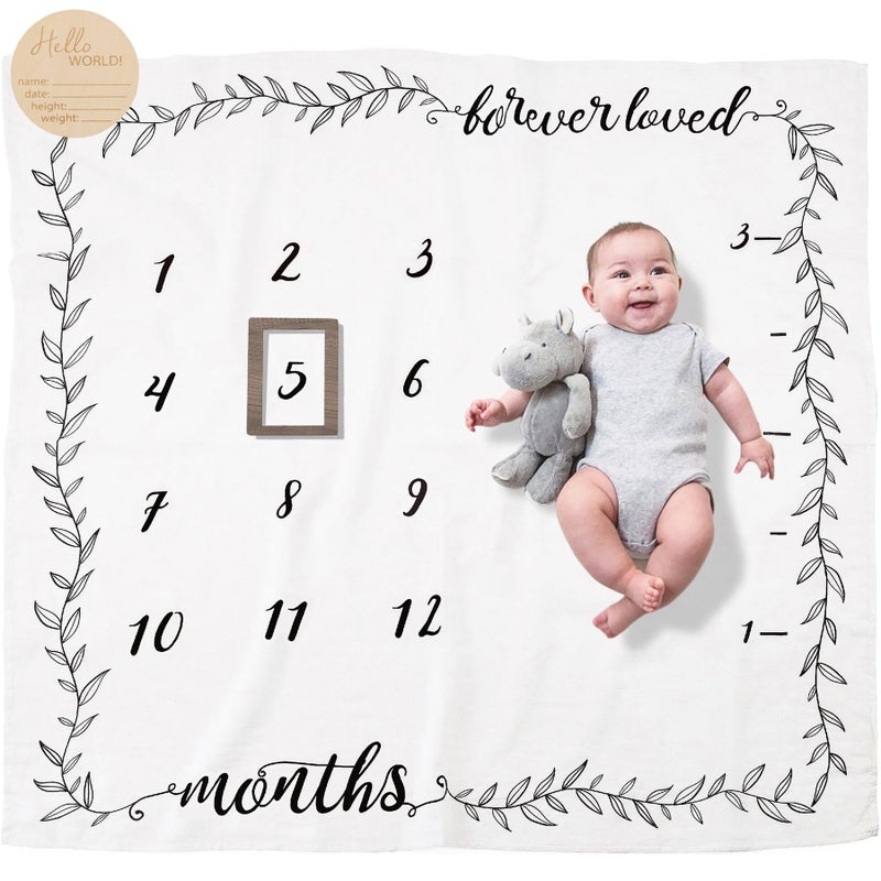 Pondering Pine Organic Baby Monthly Milestone Blanket Boy or Girl - Months Blanket with Wood Frame and Newborn Announcement Disc - Growth Chart for 1-12 Month Milestones, Gender Neutral, 47”x47” - Image 1