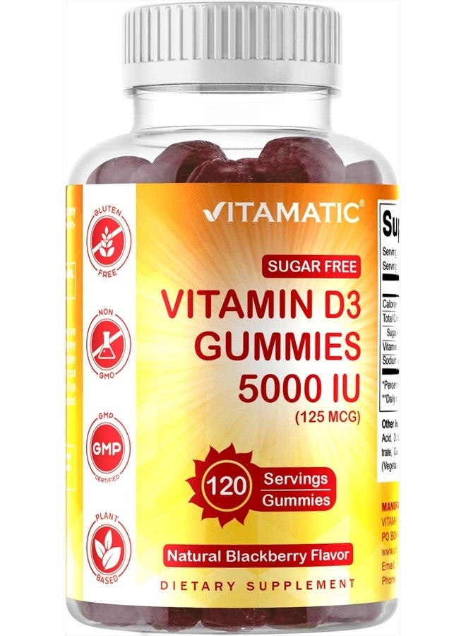 Vitamatic Sugar Free Vitamin D3 5000 IU - 120 Gummies - Great Taste - Healthy Bones, Mood & Immune System Function - Non-GMO - 120 Servings (5000 IU) - Image 1