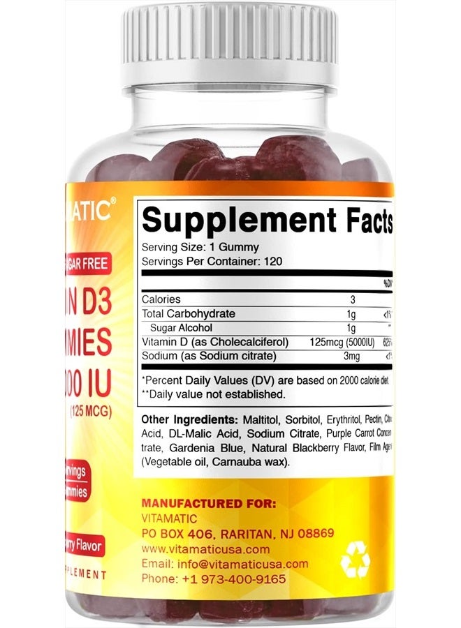 Vitamatic Sugar Free Vitamin D3 5000 IU - 120 Gummies - Great Taste - Healthy Bones, Mood & Immune System Function - Non-GMO - 120 Servings (5000 IU) - Image 4