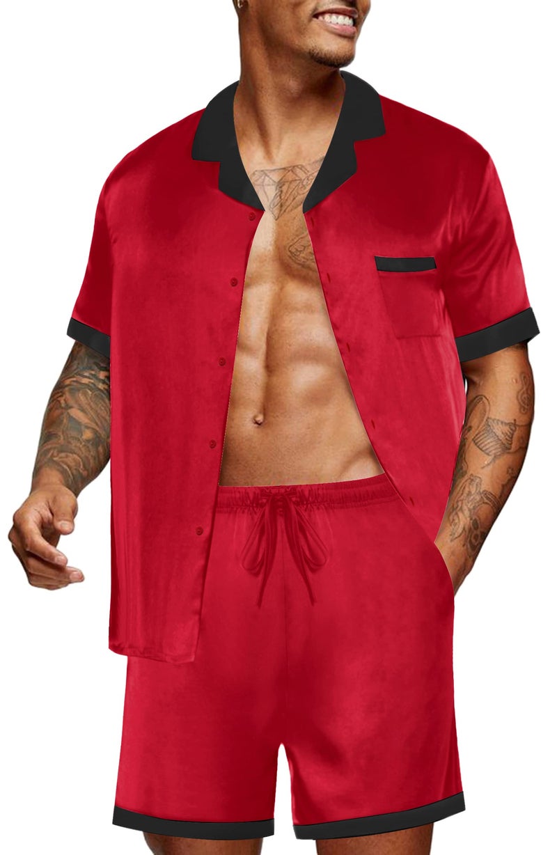 Ekouaer Men Satin Silk Pajamas Set with Pockets Sleepwear Shorts Satin Summer Loungewear 2 Piece Button Down Set S-3XL - Image 1