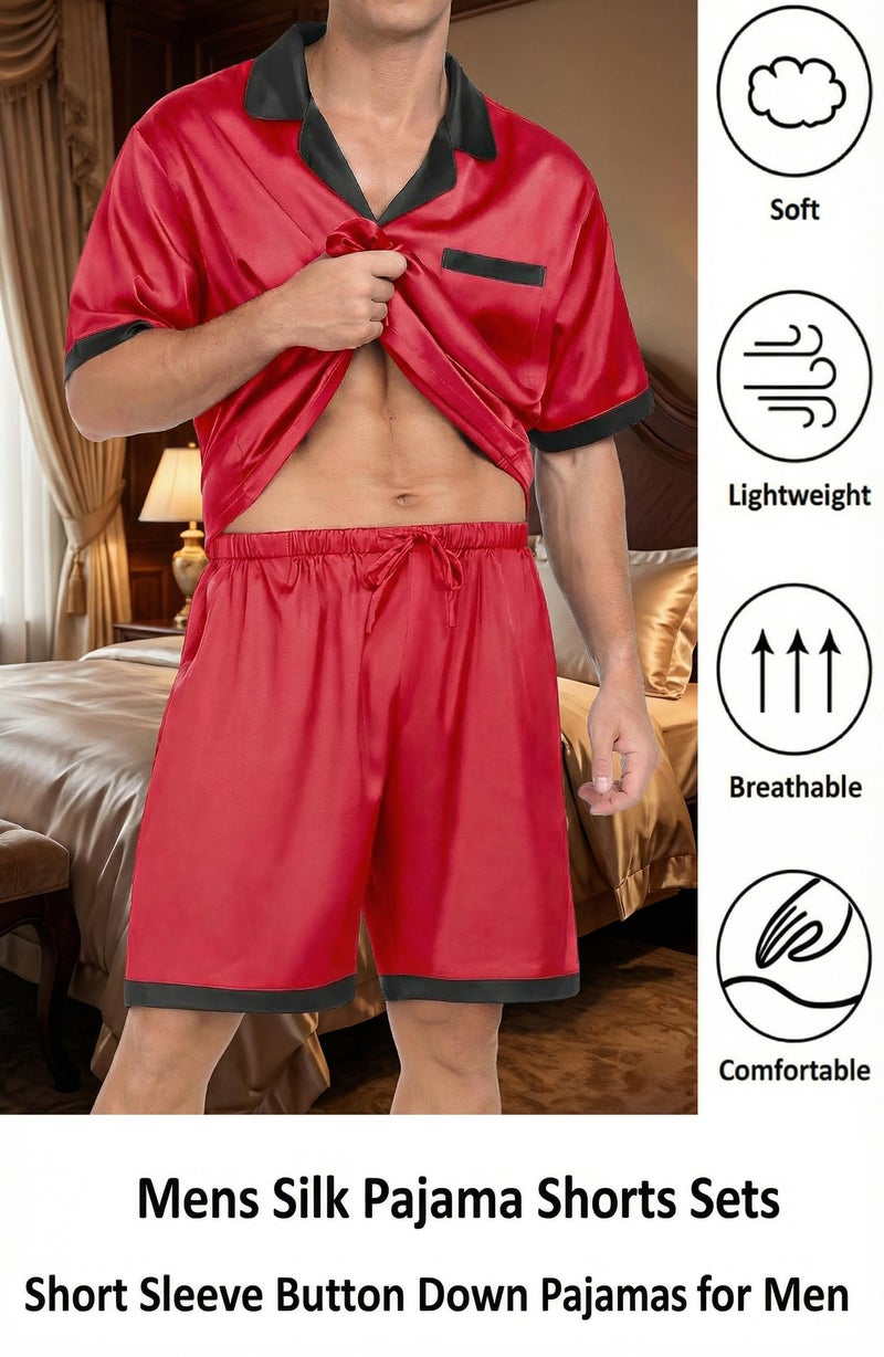 Ekouaer Men Satin Silk Pajamas Set with Pockets Sleepwear Shorts Satin Summer Loungewear 2 Piece Button Down Set S-3XL - Image 4