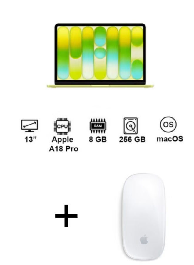 ابل  لابتوب ماك بوك نيو MHFD4AB/A بشاشة 13 بوصة بدقة 2K ومعالج A18 Pro سداسي النواة ومعالج رسومات خماسي النواة وذاكرة وصول عشوائي 8 جيجابايت وقرص SSD بسعة 256 جيجابايت وبطاقة رسومات مدمجة ولوحة مفاتيح إنجليزية/عربية مع ماوس أبل ماجيك ماوس (منفذ USB-C) - سطح أبيض متعدد اللمس (2024) - متوفر في المخزون الرسمي الإنجليزية/العربية سيتريس - Image 1