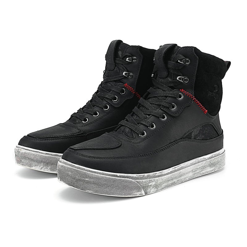 BORLENI Cowhide Leather Motorcycle Shoes for Men Reinforced Street Waterproof Motorcycle Riding Boots with Side Zipper Ankle Support AntiSlip Sole Casual Breathable Powersports Shoes Black 12