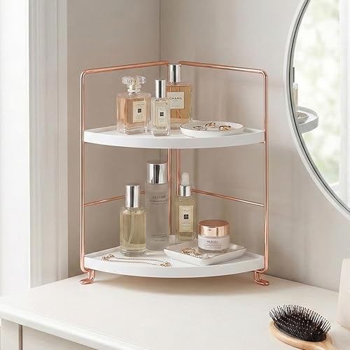oddpod™ 2-Tier Corner Storage Rack Bathroom Countertop Organizer/Stackable Standing Makeup Storage Holder, Vanity Tray, Cosmetic & Spice Rack Shelf Cabinet for Kitchen and Bathroom (Rose Gold) - Image 1
