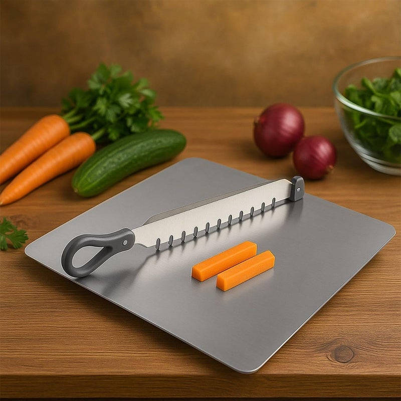 Gladnes Cut N Chop 2-in-1 Stainless Steel Kitchen Cutter & Chopping Board | Multi-Blade Vegetable & Herb Chopper | Heavy Duty Rustproof Salad Cutter & Food Preparation Tool for Kitchen Use - Image 2