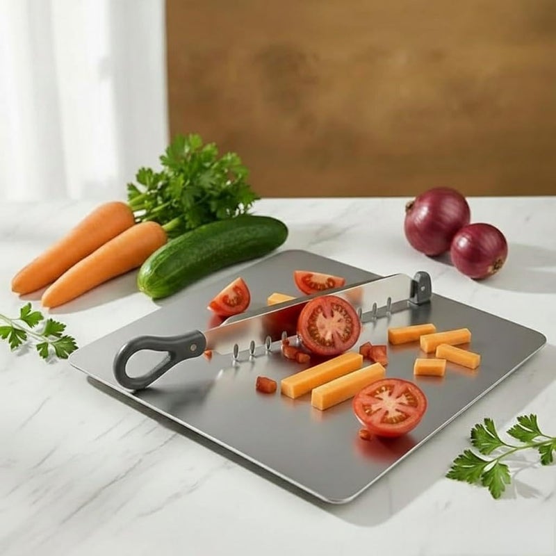 Gladnes Cut N Chop 2-in-1 Stainless Steel Kitchen Cutter & Chopping Board | Multi-Blade Vegetable & Herb Chopper | Heavy Duty Rustproof Salad Cutter & Food Preparation Tool for Kitchen Use - Image 1