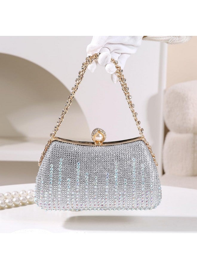 Dreubea Womens Fashion Rhinestone Evening Handbag with Chain Shiny Tote Clutch Bag Silver - Image 1