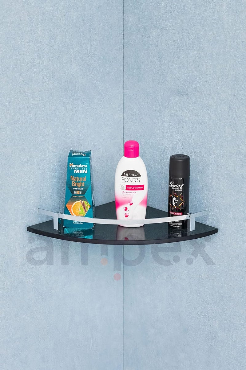 AMPEX Premium Black Brass Chrome Finish Glass Corner Shelf for Bathroom and Kitchen AccesoriesWall ShelfStorage ShelfShelvesWall Mount Stand for Home Decore 9x9 Inches Glossey - Image 1