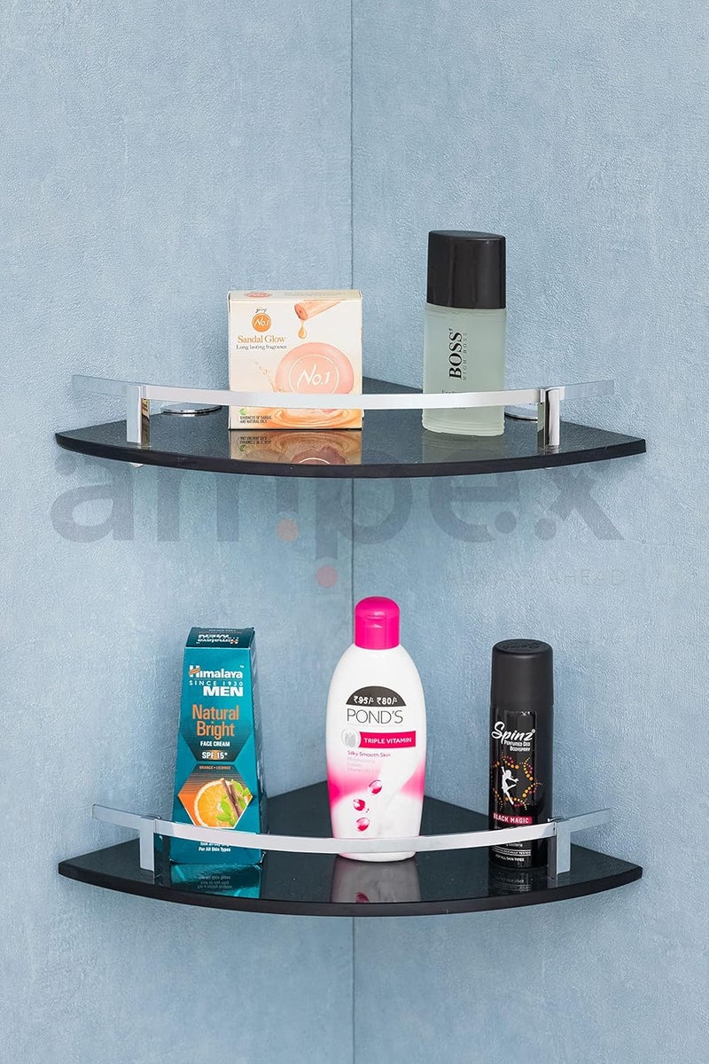 AMPEX Premium Black Brass Chrome Finish Glass Corner Shelf for Bathroom and Kitchen AccesoriesWall ShelfStorage ShelfShelvesWall Mount Stand for Home Decore 9x9 Inches Glossey - Image 5