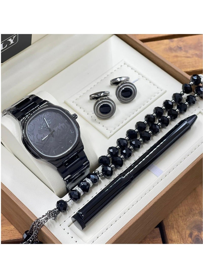 NIBEMINENT 4-Piece Men's Watch Set Consisting Of A With Pen Buttons And Rosary 