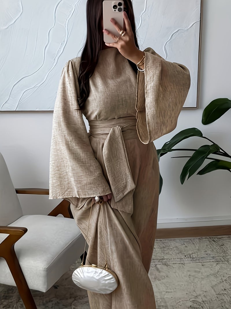 Elegant High-Waisted Bodycon Dress with Cinched Waist Tie-Front Closure - Long Sleeve Round Neck -Line Dress Suitable for Weddings,, Parties, Machine Washable Solid Color Dress - Image 5