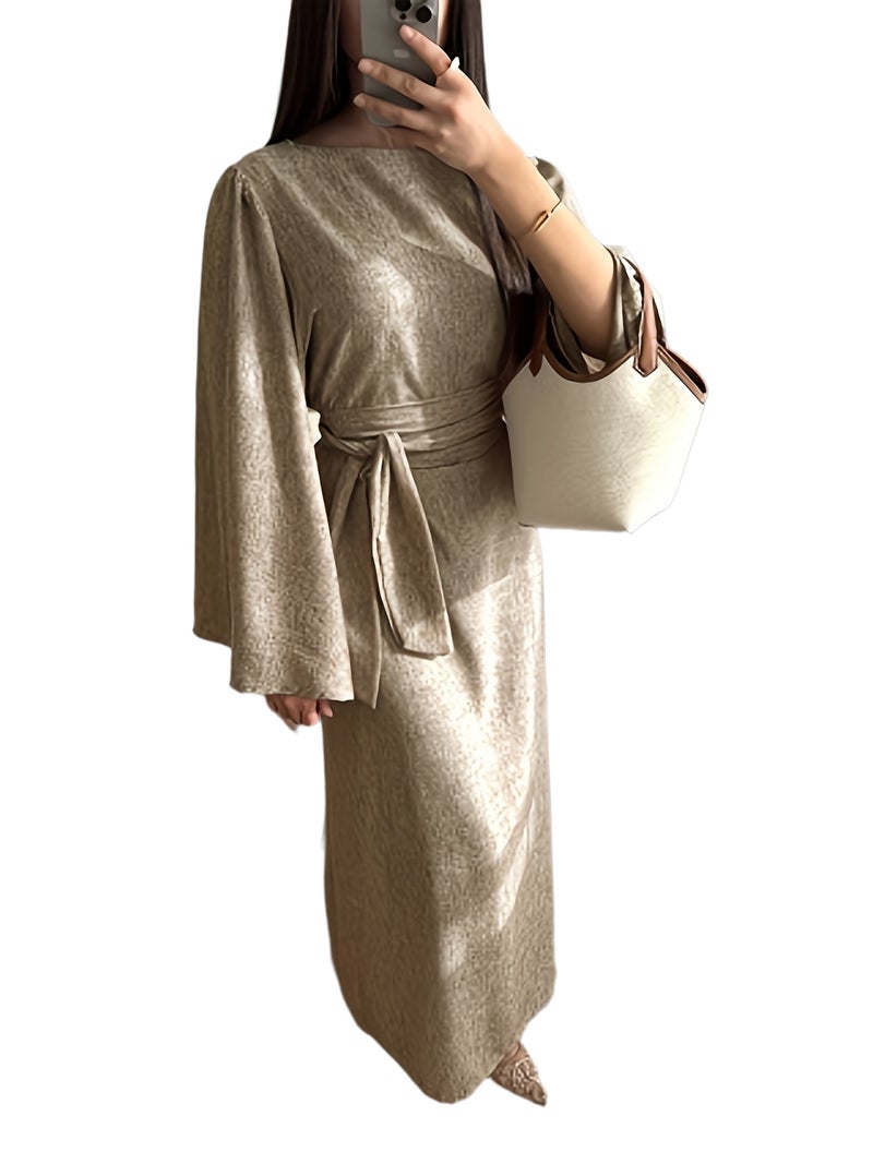 Elegant High-Waisted Bodycon Dress with Cinched Waist Tie-Front Closure - Long Sleeve Round Neck -Line Dress Suitable for Weddings,, Parties, Machine Washable Solid Color Dress - Image 1