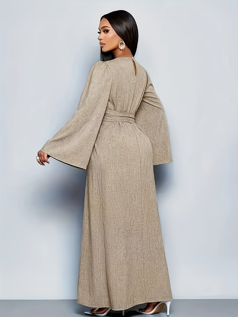 Elegant High-Waisted Bodycon Dress with Cinched Waist Tie-Front Closure - Long Sleeve Round Neck -Line Dress Suitable for Weddings,, Parties, Machine Washable Solid Color Dress - Image 2