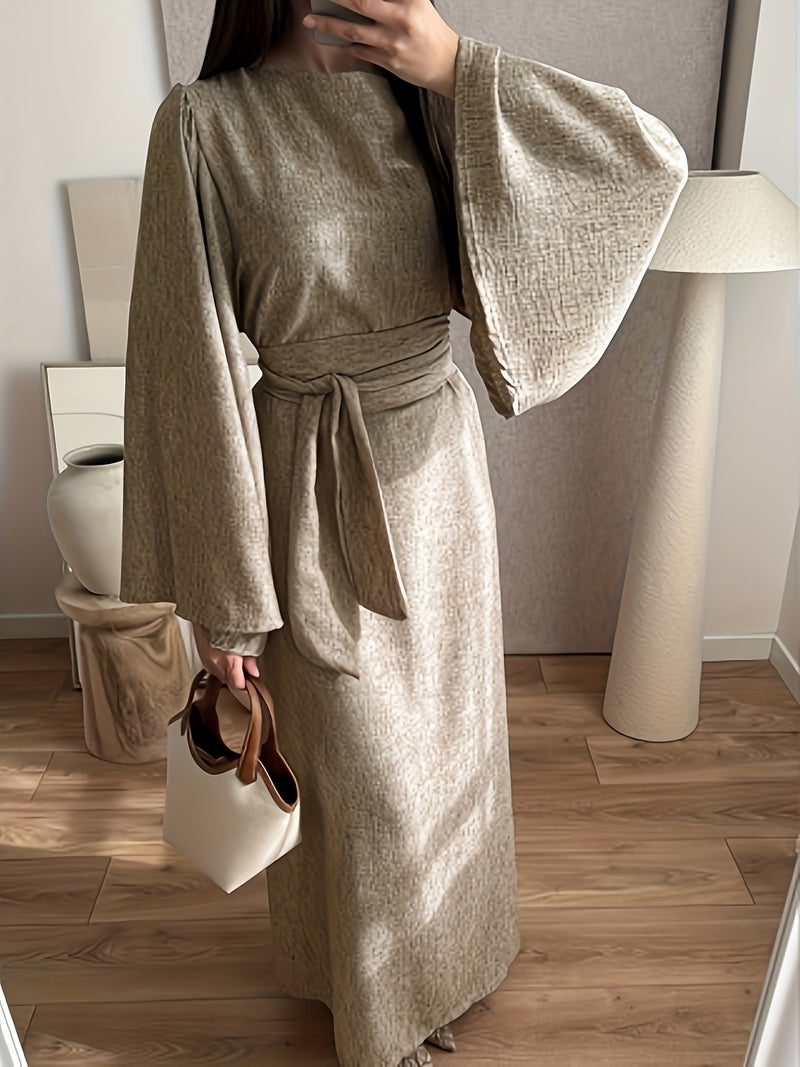 Elegant High-Waisted Bodycon Dress with Cinched Waist Tie-Front Closure - Long Sleeve Round Neck -Line Dress Suitable for Weddings,, Parties, Machine Washable Solid Color Dress - Image 3