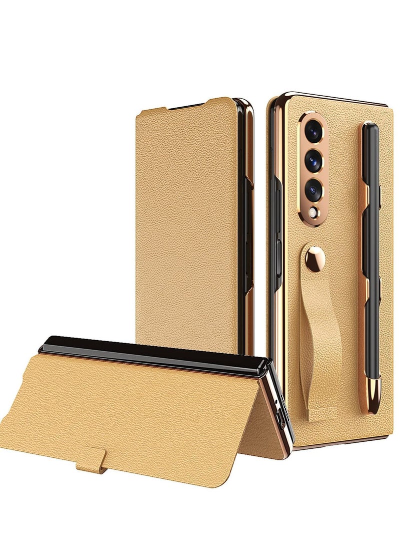 Y&D Phone Case for Samsung Galaxy Z Fold 3, Anti-Slip Shock Resistant Full Protection Luxury Leather with Detachable S Pen Holder Comfortable Hand Feel 3 (Gold)  - Image 1