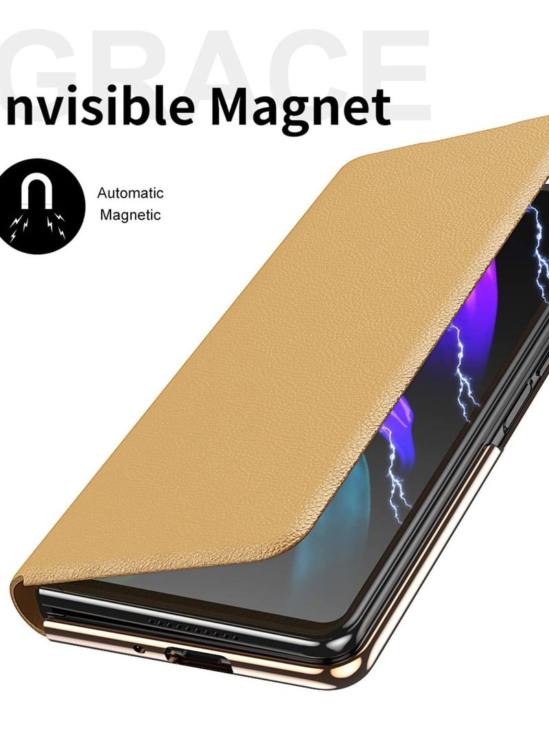 Y&D Phone Case for Samsung Galaxy Z Fold 3, Anti-Slip Shock Resistant Full Protection Luxury Leather with Detachable S Pen Holder Comfortable Hand Feel 3 (Gold)  - Image 4