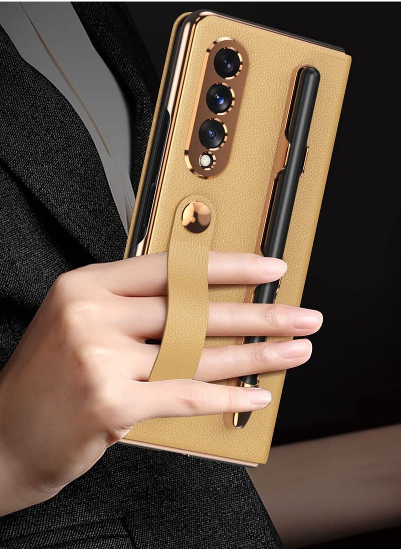 Y&D Phone Case for Samsung Galaxy Z Fold 3, Anti-Slip Shock Resistant Full Protection Luxury Leather with Detachable S Pen Holder Comfortable Hand Feel 3 (Gold)  - Image 2