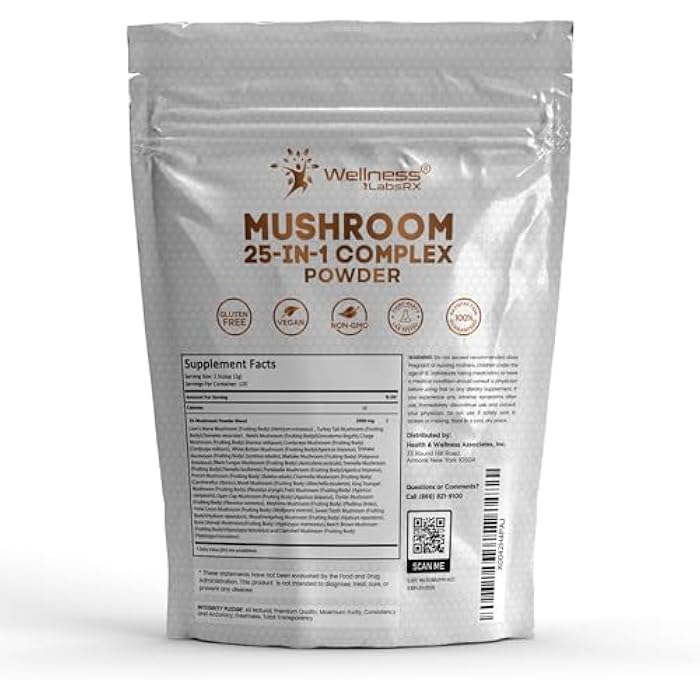 WELLNESS LABSRX Mushroom Powder, 25 in 1 Mushrooms Supplement - 2000mg, 25 Superfood Mishroom Lions Mane Powder with Chaga, Shiitake, Cordyceps, Reishi - Lion's Mane Mushroom - 120 Servings - Image 2