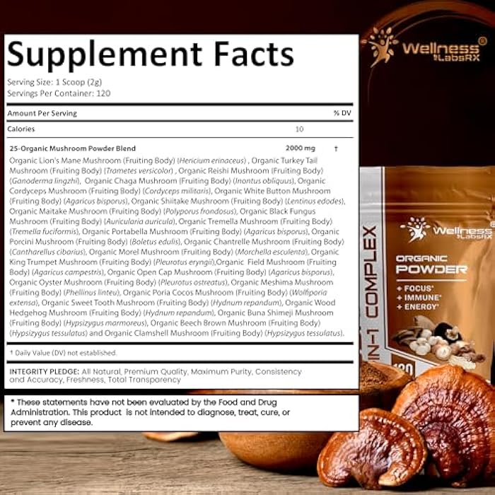 WELLNESS LABSRX Mushroom Powder, 25 in 1 Mushrooms Supplement - 2000mg, 25 Superfood Mishroom Lions Mane Powder with Chaga, Shiitake, Cordyceps, Reishi - Lion's Mane Mushroom - 120 Servings - Image 3