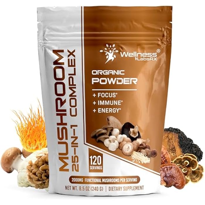 WELLNESS LABSRX Mushroom Powder, 25 in 1 Mushrooms Supplement - 2000mg, 25 Superfood Mishroom Lions Mane Powder with Chaga, Shiitake, Cordyceps, Reishi - Lion's Mane Mushroom - 120 Servings - Image 1