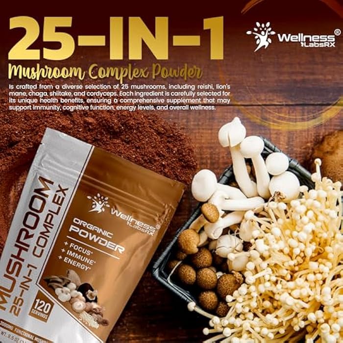 WELLNESS LABSRX Mushroom Powder, 25 in 1 Mushrooms Supplement - 2000mg, 25 Superfood Mishroom Lions Mane Powder with Chaga, Shiitake, Cordyceps, Reishi - Lion's Mane Mushroom - 120 Servings - Image 5