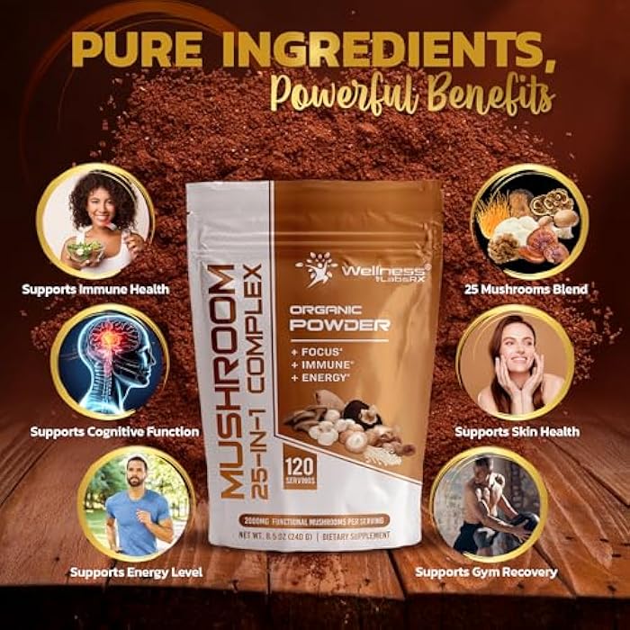 WELLNESS LABSRX Mushroom Powder, 25 in 1 Mushrooms Supplement - 2000mg, 25 Superfood Mishroom Lions Mane Powder with Chaga, Shiitake, Cordyceps, Reishi - Lion's Mane Mushroom - 120 Servings - Image 4
