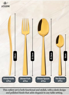 24 Pieces Cutlery Set Service for 6 person,Pure Stainless Steel Flatware Set,Mirror Polished Cutlery Utensil Set Include Spoon/Fork/Dinner Knife/Tea Spoon(SHINE GOLD) - pzsku/Z6456CEDEA6F8D4DF77AEZ/45/_/1689278425/be685662-fd50-4adb-a141-edd35951b9e6