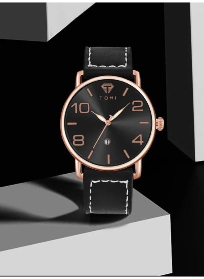 TOMI Men's Luxury Watch, Black and Gold Analog Quartz Wristwatch with Diamond Logo, Black Leather Strap - Elegant Business & Casual Dress Watch - Image 1