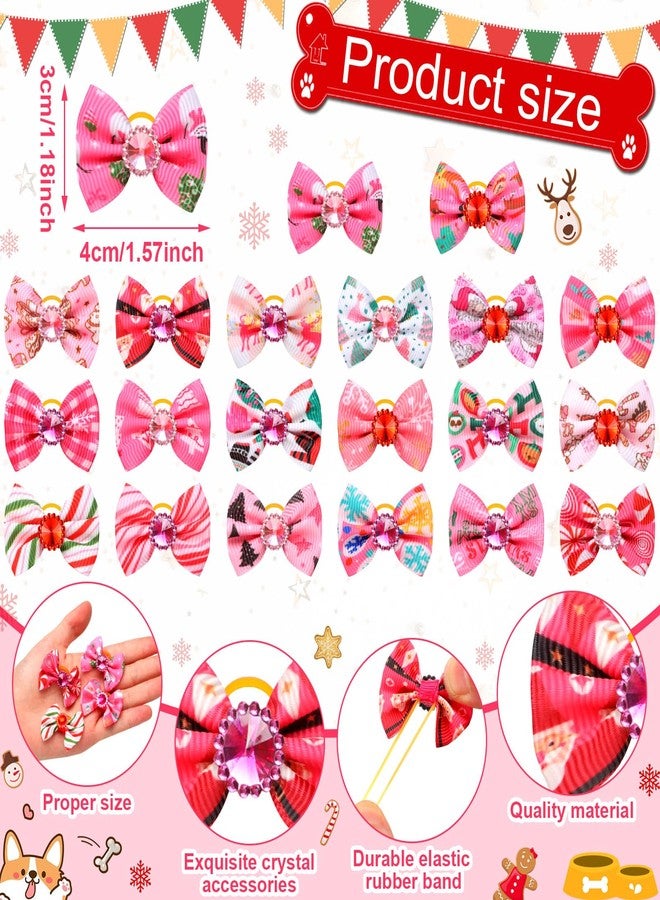 تونديامو مجموعة تونديمو من 100 قطعة من ربطات شعر الكلاب الوردية لعيد الميلاد مع أربطة مطاطية، مزينة بأحجار الراين الحمراء والبنفسجية، لتزيين شعر الجراء، على شكل عقدة علوية، مزينة بزينة شجرة الحلوى، وزينة سانتا ورنة، وإكسسوارات شعر للحيوانات الأليفة للفتيات الصغيرات. - Image 2