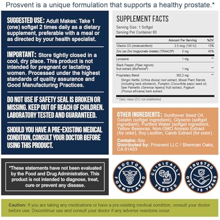 Prosvent Advanced Men's Prostate Support Natural Supplement with Saw Palmetto, Vitamin D, and Zinc to Ease Urinary Frequency & Urgency (60 Count) - Image 2