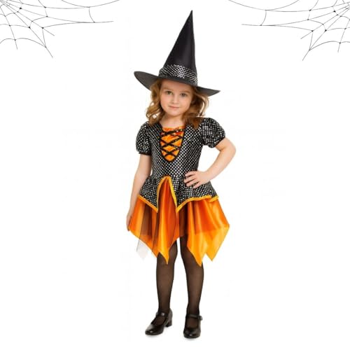 Wanna Party Witch Costume for Girls-Witch Dress Black and Orange with Hat - Size M - Age 5 to 7 Years for Halloween Costume for Girls - Image 1
