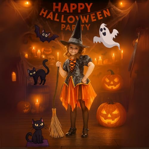 Wanna Party Witch Costume for Girls-Witch Dress Black and Orange with Hat - Size M - Age 5 to 7 Years for Halloween Costume for Girls - Image 3