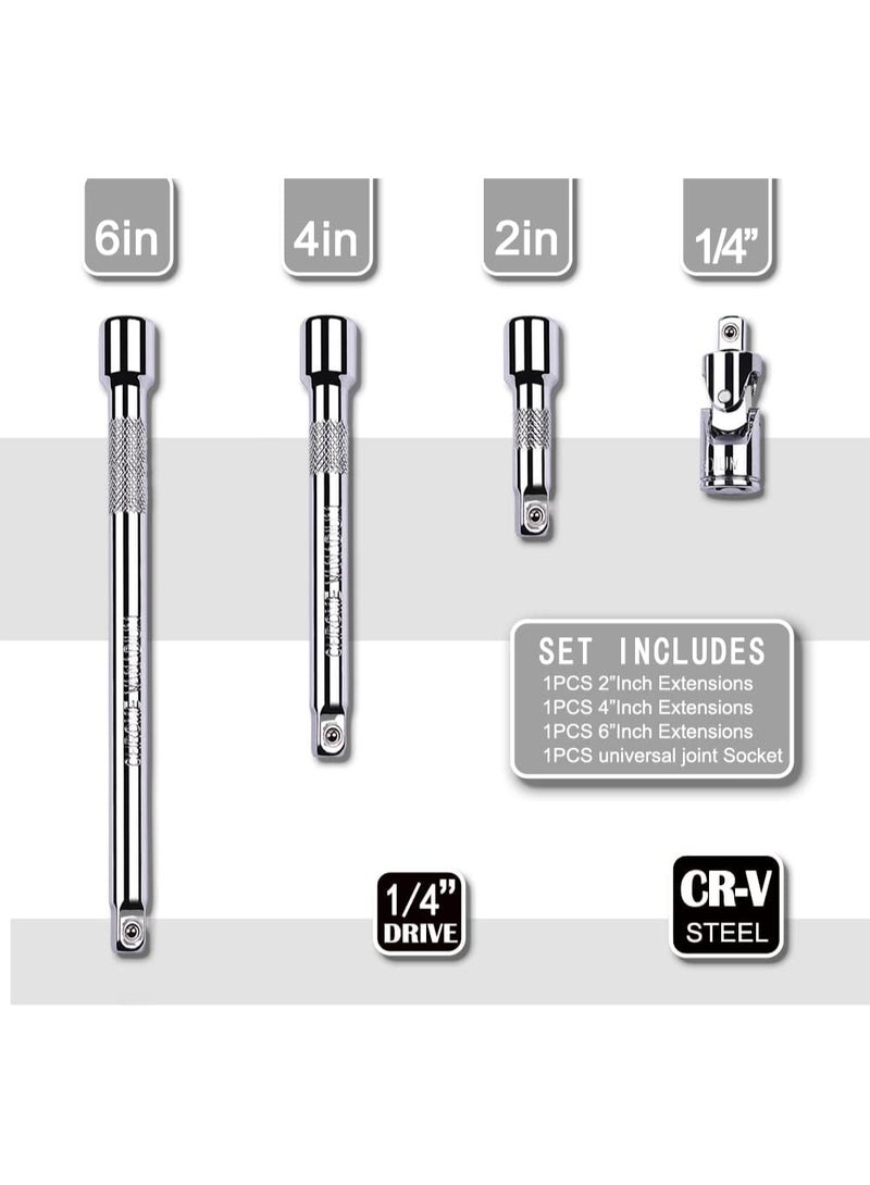 4 Piece 1/4 Inch Drive Extension Bar Set, 1/4 Inch Drive Socket Extension Set Includes 2, 4, and 6 Inch Extensions and 1/4 Inch drive Universal Joint Socket - Image 2