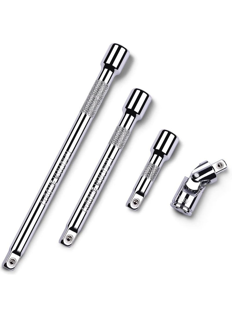 4 Piece 1/4 Inch Drive Extension Bar Set, 1/4 Inch Drive Socket Extension Set Includes 2, 4, and 6 Inch Extensions and 1/4 Inch drive Universal Joint Socket - Image 1