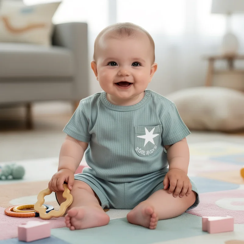 Babies Basic Babies Basic Ribbed Cotton Short Sleeves T-shirt and Plain Shorts Set, Green