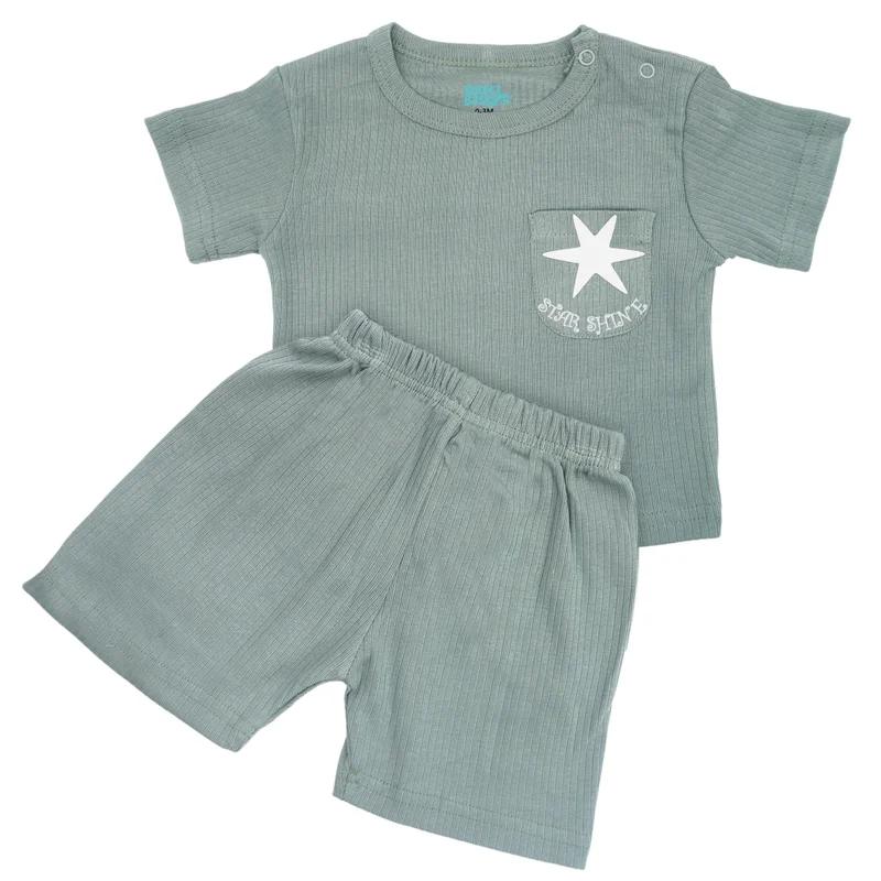 Babies Basic Babies Basic Ribbed Cotton Short Sleeves T-shirt and Plain Shorts Set, Green