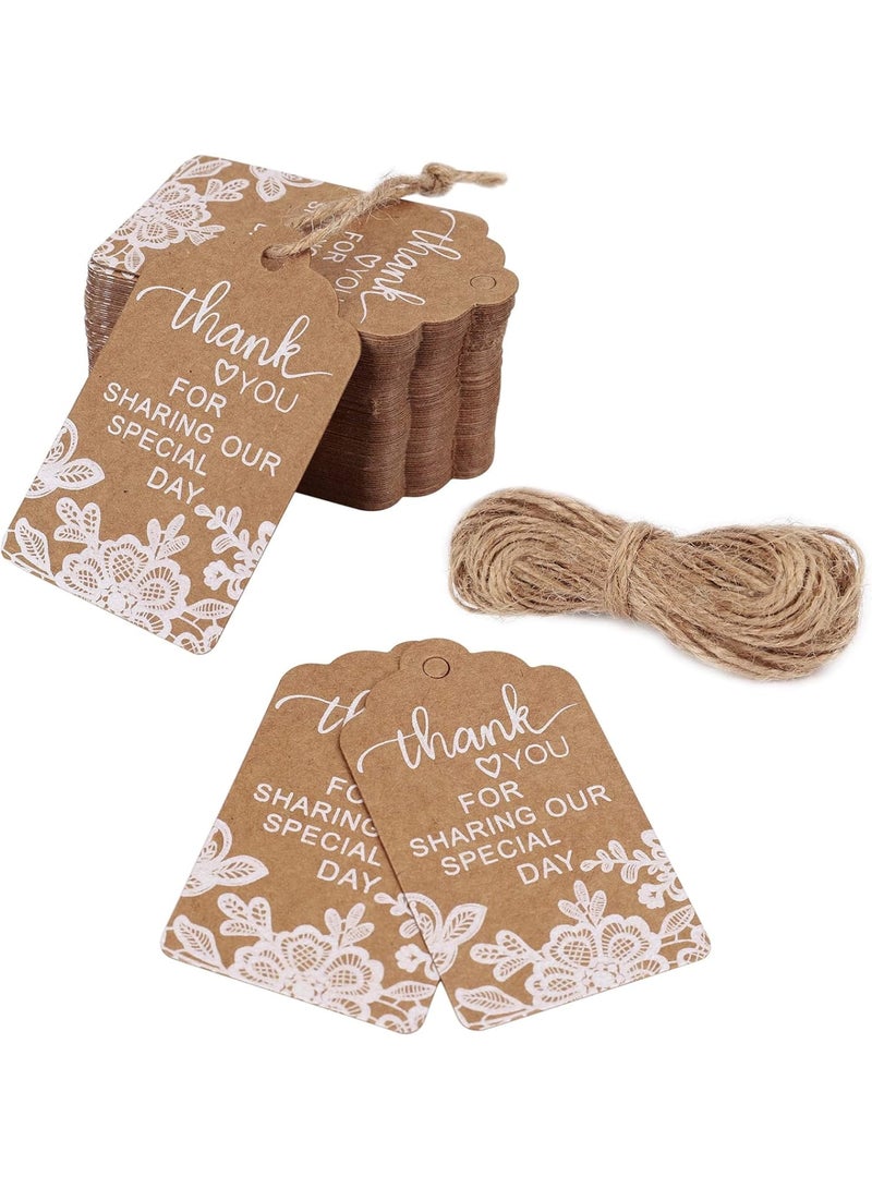 Zikra 100 Pcs Kraft Gift Paper Tags, White Lace Print Hang Tag with 40 Meters Hemp Rope, Thank You for Sharing Our Special Day" Rectangle Brown Tags, Suitable for Gifts Wrapping, Craft Project - Image 1