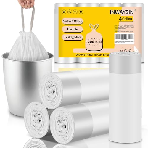 Inwaysin 4 Gallon Trash-Bags Small-Bathroom Garbage-Bag Drawstring - Strong Kitchen White 200 Count Plastic Unscented For Can Car Disposable Recycling Office Size Waste Basket Inwaysin - Image 1