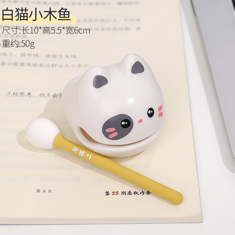 Cute Emotion Lotus Figurine Desk Decor White cat-small wooden fish 