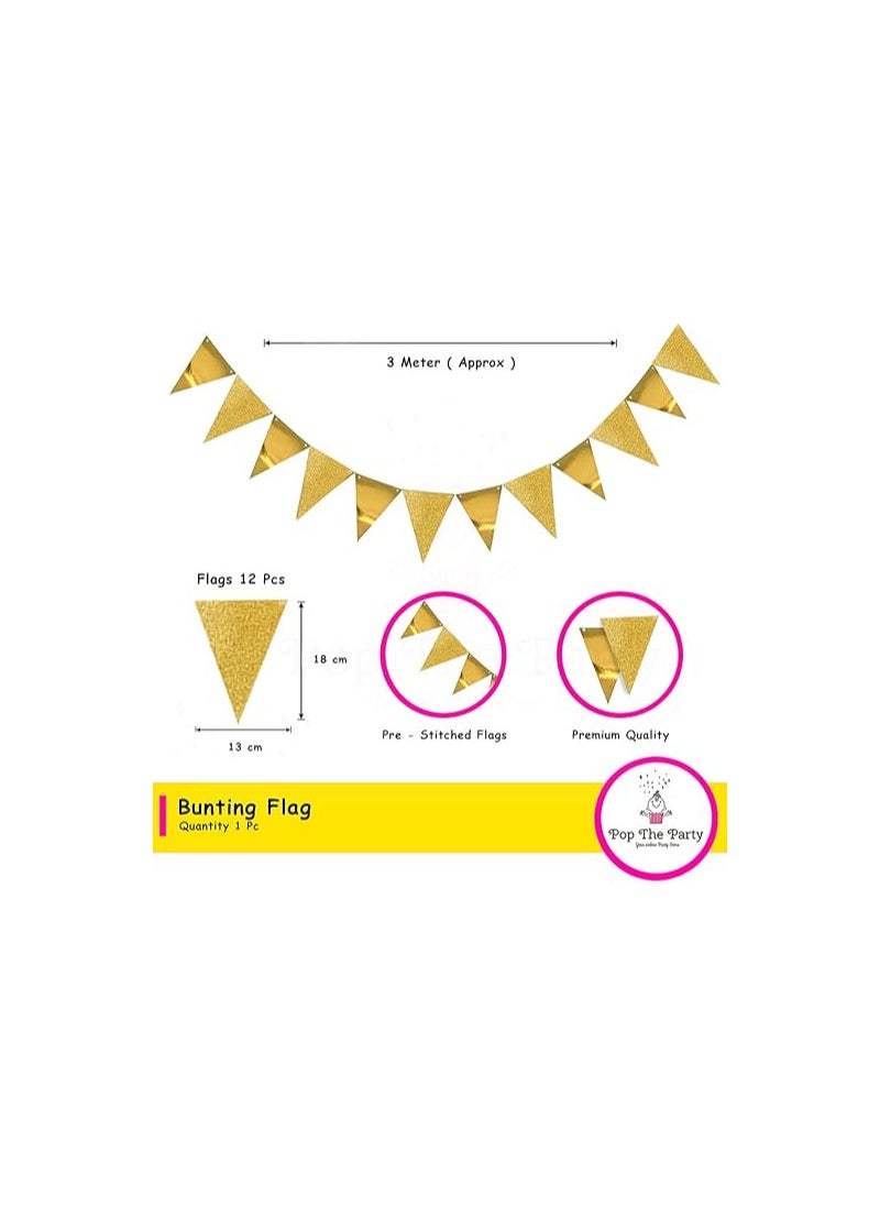 Pop The Party - Pop The Party Paper Triangle Flag Bunting Banner, Gold, 12 Pieces - Image 1