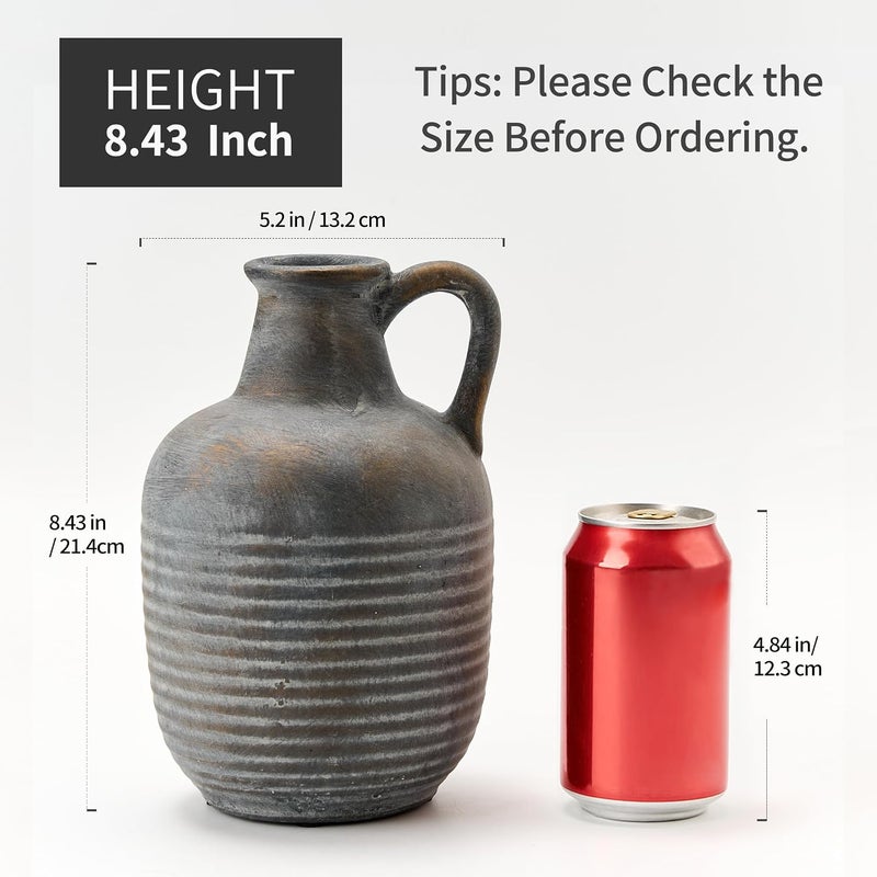 SIDUCAL Rustic Ceramic Farmhouse Flower Vase with 1 Handle-Height 8.43" Terracotta Vase, Unique Textured Pottery Flower Vases for Home Decor, Table, Wedding, Living Room, Shelf Decor, Bronze Black - Image 3
