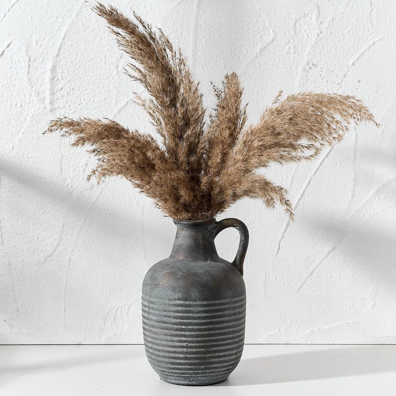 SIDUCAL Rustic Ceramic Farmhouse Flower Vase with 1 Handle-Height 8.43" Terracotta Vase, Unique Textured Pottery Flower Vases for Home Decor, Table, Wedding, Living Room, Shelf Decor, Bronze Black - Image 2