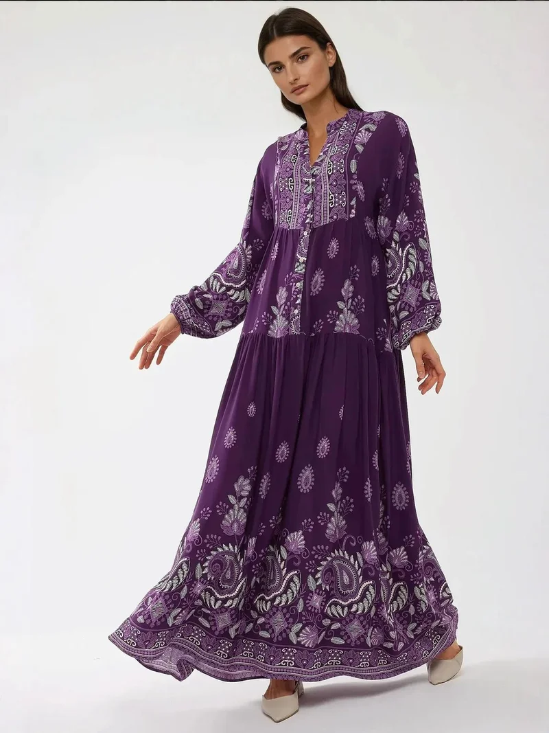 HICCUP deep purple Printed Long Sleeve Viscose Maxi Dress for Women | Best Price UAE