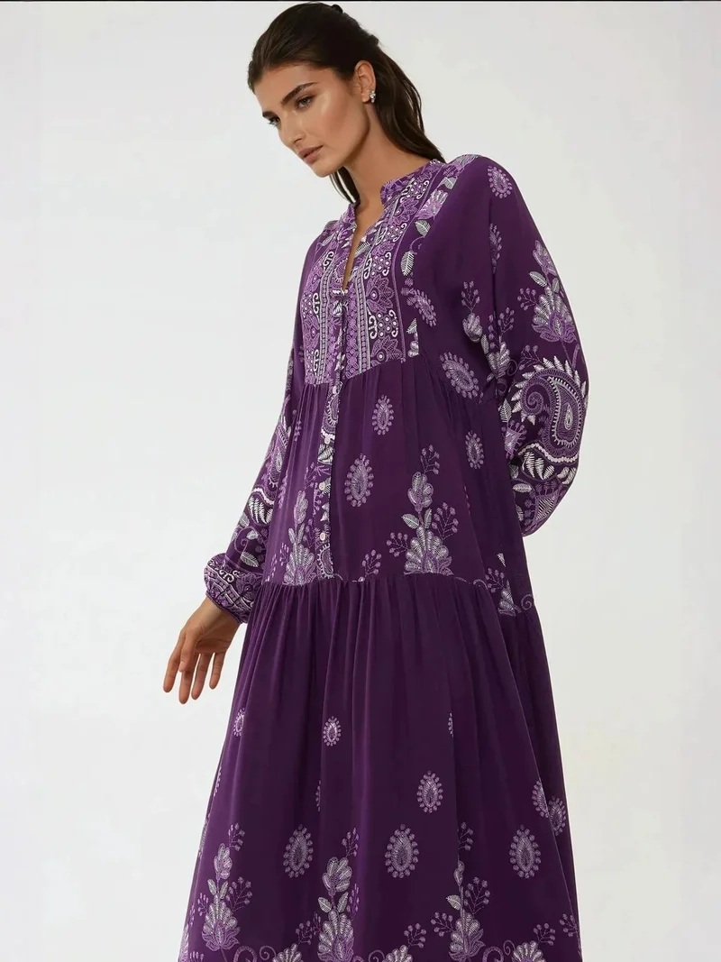 HICCUP deep purple Printed Long Sleeve Viscose Maxi Dress for Women | Best Price UAE