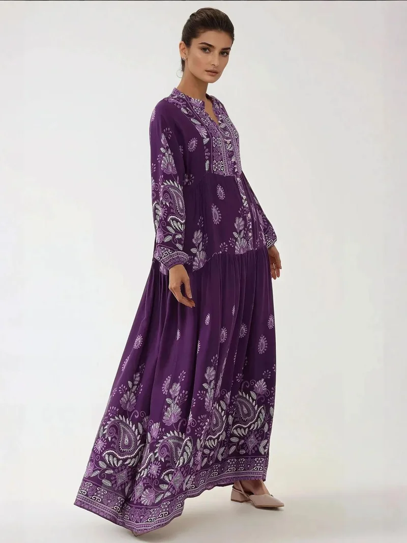 HICCUP deep purple Printed Long Sleeve Viscose Maxi Dress for Women | Best Price UAE