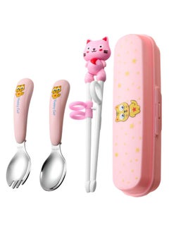 Kids Cutlery Set Stainless Steel Cartoon Style Glossy Safe Durable Spoon Fork Chopsticks Training Kids Lunch Utensils Pink Fork Spoon Chopsticks Pink Box