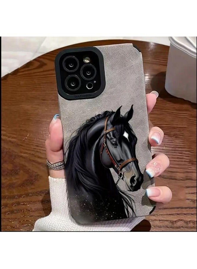 غطاء لجهاز iPhone 15 Pro Max، جراب حماية مخصص بتصميم مستوحى من الحصان الأسود، مناسب لهاتف iPhone 15 Pro Max، باللون الرمادي. - Image 1