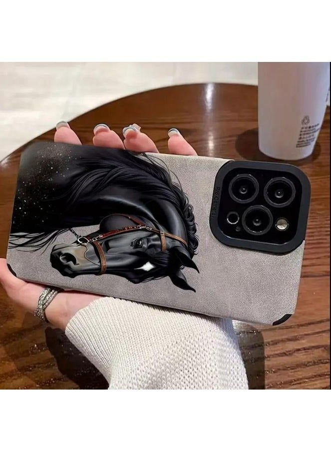 غطاء لجهاز iPhone 15 Pro Max، جراب حماية مخصص بتصميم مستوحى من الحصان الأسود، مناسب لهاتف iPhone 15 Pro Max، باللون الرمادي. - Image 3