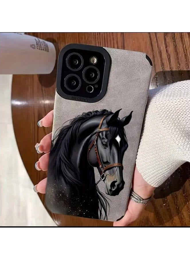 غطاء لجهاز iPhone 15 Pro Max، جراب حماية مخصص بتصميم مستوحى من الحصان الأسود، مناسب لهاتف iPhone 15 Pro Max، باللون الرمادي. - Image 4